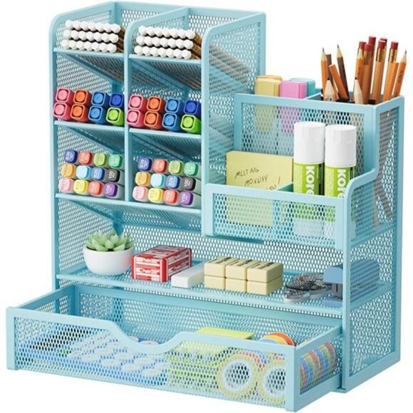 Mesh Desk Organizer Pen Holder with Drawer Office Supply Storage Caddy Blue - Picture 7 of 7